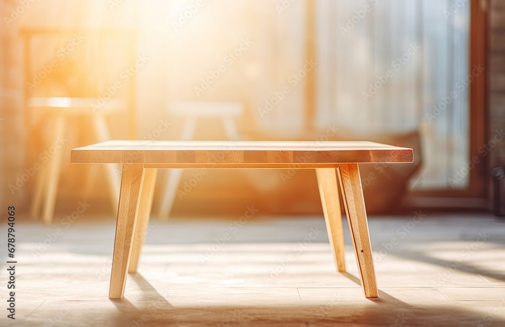 Poster a wooden table sitting in the middle of a room next to a chair and a table with a chair on top of it
