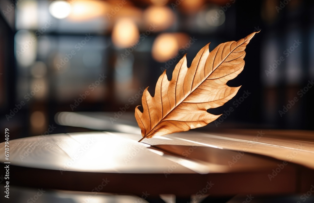 Poster a close up of a leaf on a table with a blurry light in the backround of the room in the backround of