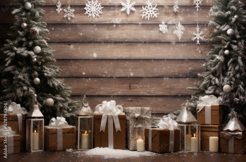 Poster  a group of presents sitting in front of a wooden wall with snowflakes on the wall and a christmas tree in the foreground with snow falling on the ground.