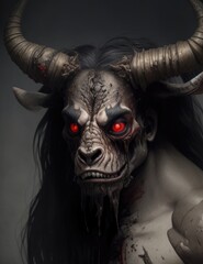 Scary monster with horns on a dark background. Halloween theme.
