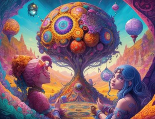 Fantasy scene with fantasy mermaids and giant tree. Fantasy world.
