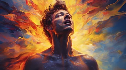 Fotobehang Illustration of a Man Visualizes Internal Emotional Energy with Dynamic Forms, Color Bursts, and © JVLMediaUHD