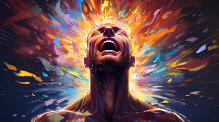 Dynamic Forms, Color Bursts, and Light Illuminate Internal Emotional Energy in Man Illustration