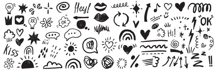Doodle sketch element set, vector graphic hand drawn line shapes, arrow, stars, flowers, sun, cloud. Simple emotion sign kit, idea bulb, vignetting speech bubble, black emphasis. Ink doodle element © Oleksandra