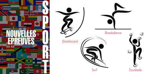 Ensemble de pictogrammes représentant les 4 disciplines sportives pour 2024 - Texte sur un fond de drapeaux mondiaux, Traduction : sport, nouvelles épreuves.