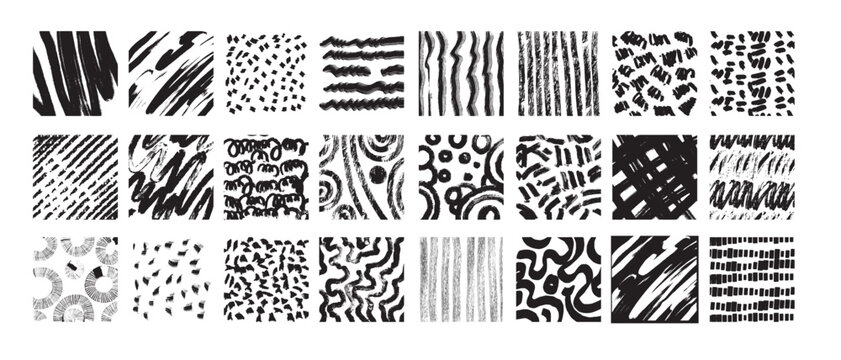 Hand drawn doodle texture set, curvy line ink pen, circle pattern, vector pencil wave scribble, dots. Grunge vintage organic shapes, simple geometric repeat stipe, paint strokes. Hatch doodle texture