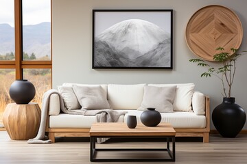 Japandi interior design of a modern living room with a vase filled with pampas grass and a black round coffee table near a white sofa, featuring a big square art poster frame on a white wall