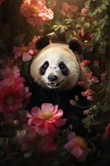 Panda posing with flowers