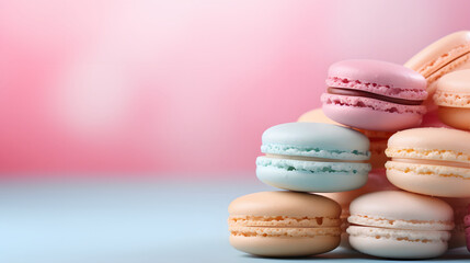Fototapeta na wymiar Macaroons Background with a place to copy, pastel colors. Delicious dessert. Cookies, pastries, flour products.