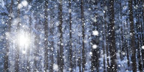 snow falling in the forest with Christmas tree 