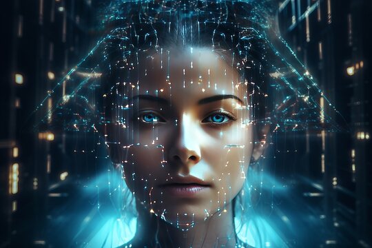 A female face with matrix digital numbers, dots, links, a hologram. The concept of artificial intelligence AI with a human face.