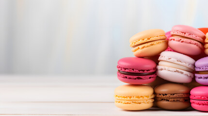Macaroons Background with a place to copy, pastel colors. Delicious dessert. Cookies, pastries,...