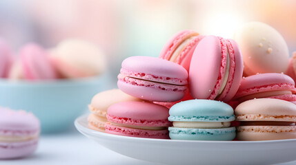 Fototapeta premium Macaroons close-up, side view. pastel colors, multi colored dessert. Empty space for your text. Cookies, pastries, flour products.