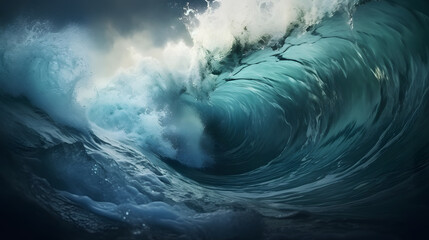 A big wave in the ocean. Tsunami. Water blue background. Sea wave. View from inside. horizontal format.