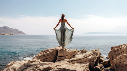 Woman Stands on Rock Taking Her Destiny Into Her Own Hands