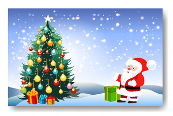 Beautiful Christmas and New Years background with decorated Christmas tree in fluffy snowdrifts against background of evening winter forest, falling snow and magical sky