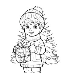 Child with a christmas tree coloring pages