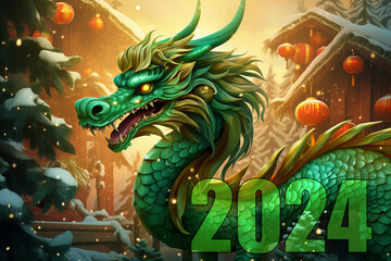 The fabulous green wooden dragon is the symbol of the 2024 New Year. Colorful bright stylish Christmas card
