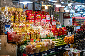 Bangkok, Thailand - September 12, 2023: Thai street food, fresh fruits, drink, ice cream and smoothies, with varieties of the tasty food, selling along the road side at Chatuchak weekend market. 