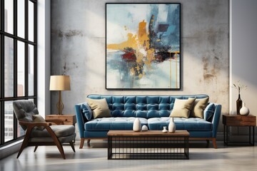 Loft home interior design of modern living room with blue and beige loveseat sofa near window against concrete wall with art poster
