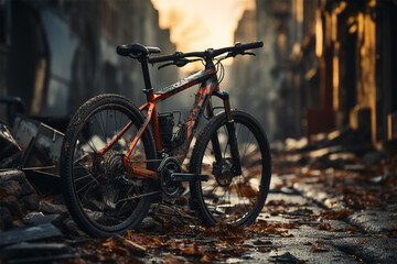 bicycle next to a landfill on an autumn street after destruction. natural disasters