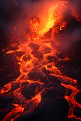 volcanic eruption, incandescent lava flow down the slope. environmental disaster. fire magma.