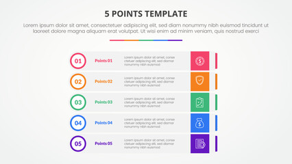 5 points stage template infographic concept for slide presentation with rectangle box stack with outline circle badge with 5 point list with flat style