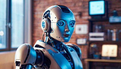 Robot in a coffee shop. Technology and people concept. 3D Rendering