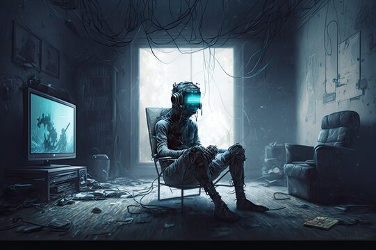 Future transhuman person with weird cyberware bodyparts wearing VR and feels deep depression in reality while he is in metaverse. Futuristic social criticism. " You will own nothing and be happy ".