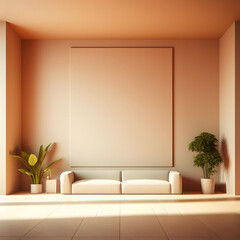 Living room interior with an empty poster on the wall, minimalist indoor decor mockup, 3d render, generative ai