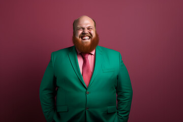 Obraz premium Slightly overweight businessman smiling confidently. Bold and vibrant clean minimalist studio portrait, copy space.