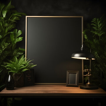 Interior poster mockup with a square metal frame and plants in a vase against a white wall.