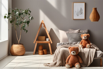 two large plush bears near the bed with pillows in the children's room. interior in beige tones