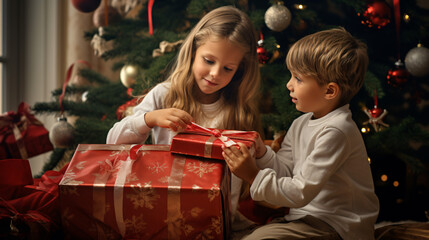 Sister and brother in sitting room unwrapping christmas gifts - obrazy, fototapety, plakaty