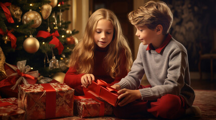 Fototapeta na wymiar Sister and brother in sitting room unwrapping christmas gifts