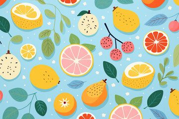 Assorted citrus fruits and berries pattern with leaves on blue background
