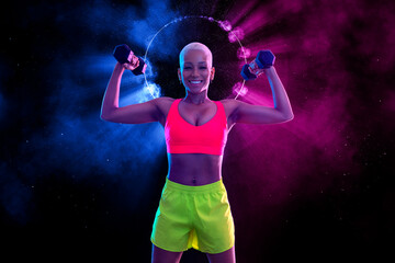Sporty fit woman, athlete with dumbbells make fitness exercises on neon background. Download cover...