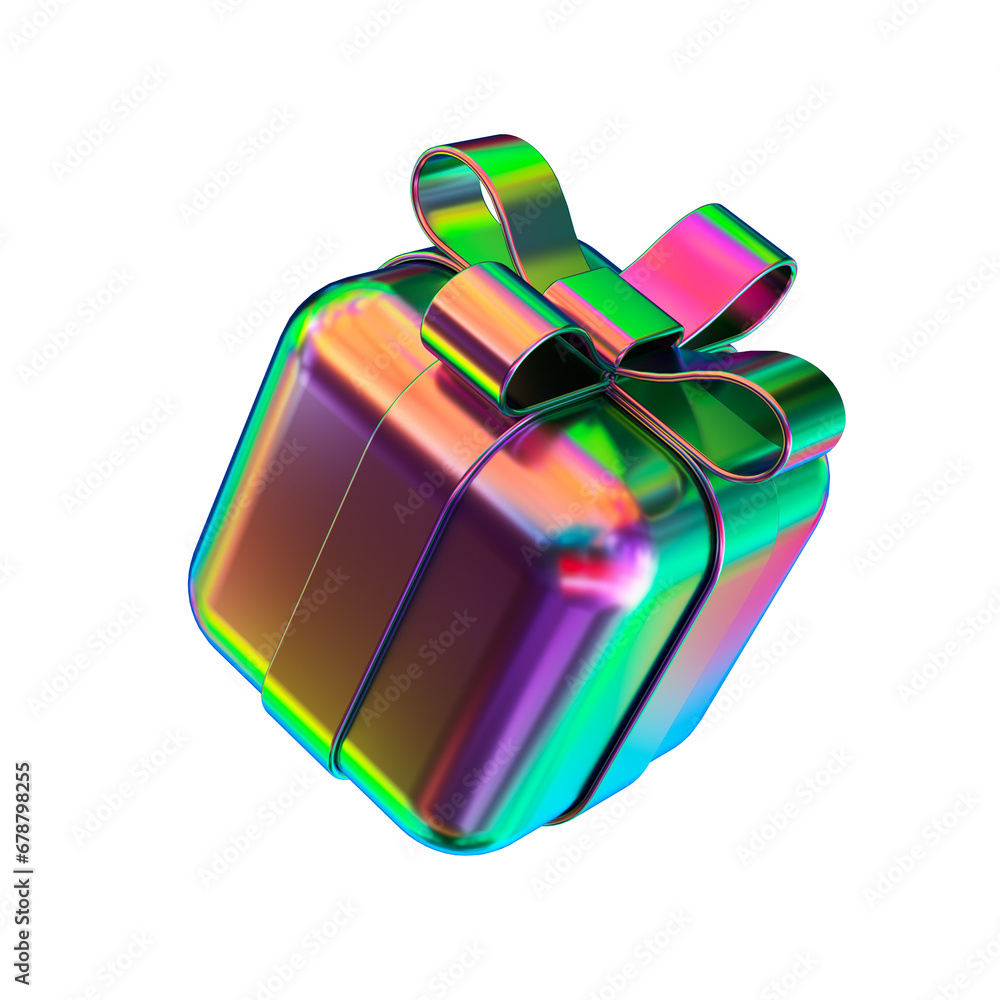 Aufkleber chrome giftbox with retro gradient colors. 3d rendering. isolated on white.