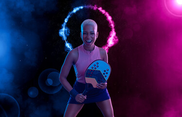 Beach tennis player woman with racket on tournament. Girl athlete with beach tenis racket on court with neon colors. Sport concept. Photo for design of a sports app or tour events.