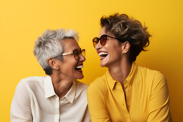 Portrait of a happy joyful middle aged lesbian couple laughing together on a yellow background 