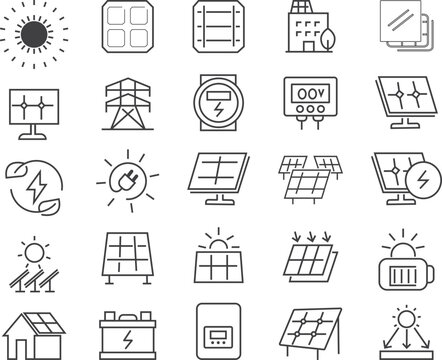 Icons for theme solar panels, vector, icon, set. White background. Solar panel related icons: thin vector icon set, black and Green, Yellow kit.