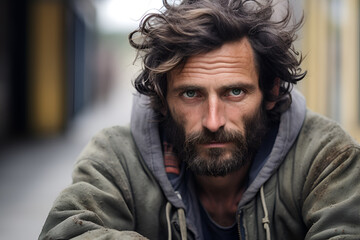 Fototapeta premium Portrait of a homeless man sitting on the street. Copy space