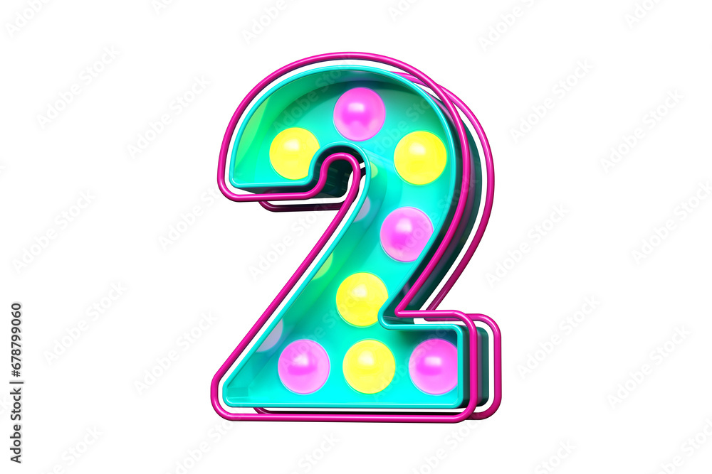 Poster light bulb marquee font 3d digit number 2 in teal with pink and yellow lights. high quality 3d rende