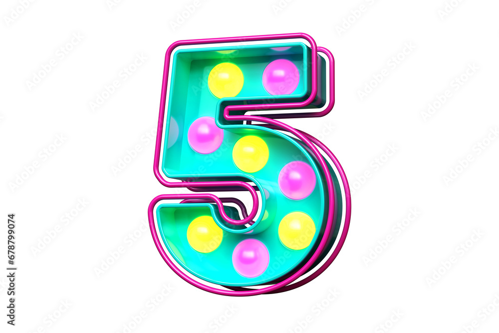 Poster 1990s style typography digit number 5. light bulb marquee letters. high quality 3d rendering.