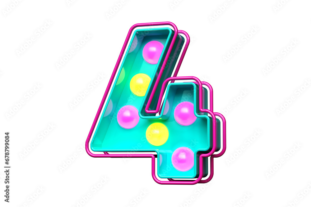 Poster 80s style typography digit number 4. light bulb marquee typeset. high quality 3d rendering.