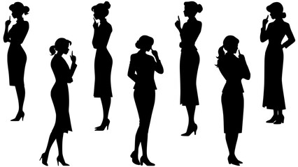 Stylish silhouette vector set of shush gesture ladies - obrazy, fototapety, plakaty