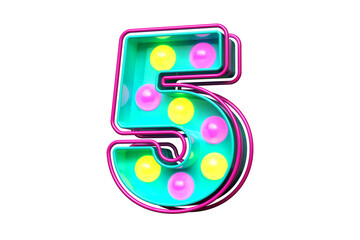 1990s style typography digit number 5. Light bulb marquee letters. High quality 3D rendering.