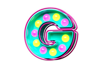 Colorful 90s style font 3D letter G. Nostalgic light bulb marquee lettering. High quality 3D rendering.