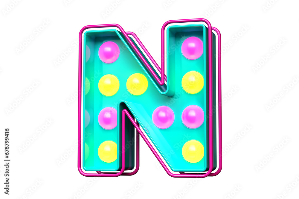 Poster light bulb marquee font 3d letter n in teal with pink and yellow lights. high quality 3d rendering.