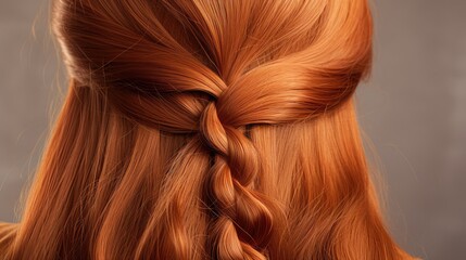  a close up of a woman's long red hair with a fishtail braid in it's back half - up, half - half - up, half - down, and half - down.